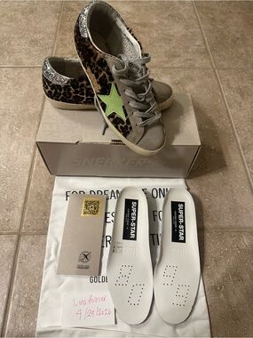 Golden Goose Leopard Print Super-Star Sneakers with Lime Star